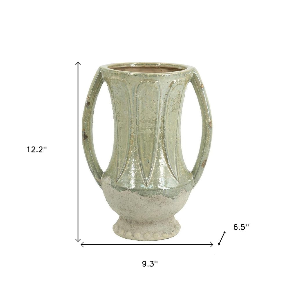 12" Sage And Ivory Amphora Ceramic Table Vase HomeRoots