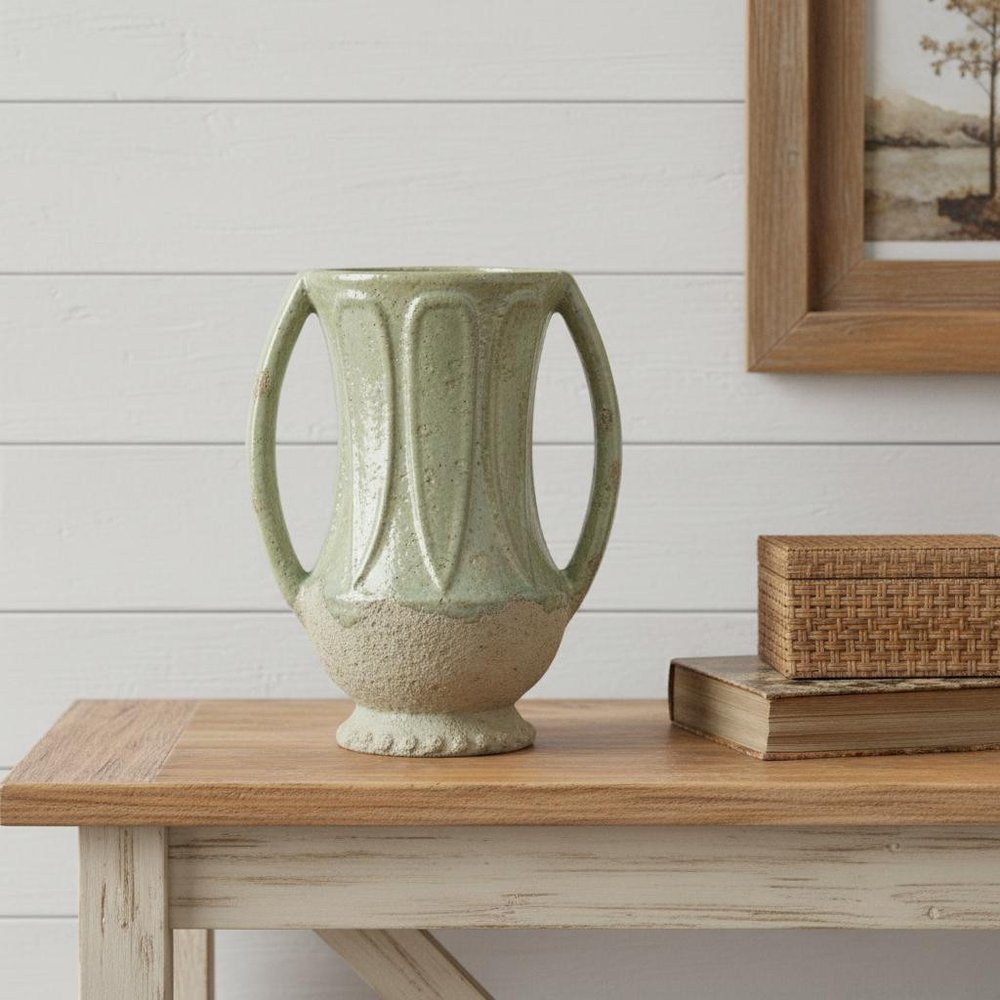 12" Sage And Ivory Amphora Ceramic Table Vase HomeRoots