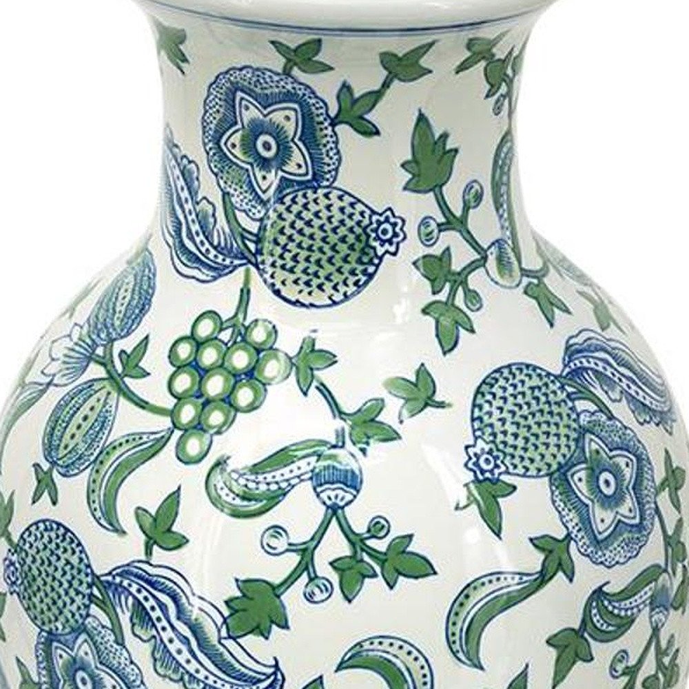 19" White Blue And Green Floral Urn Porcelain Table Vase HomeRoots