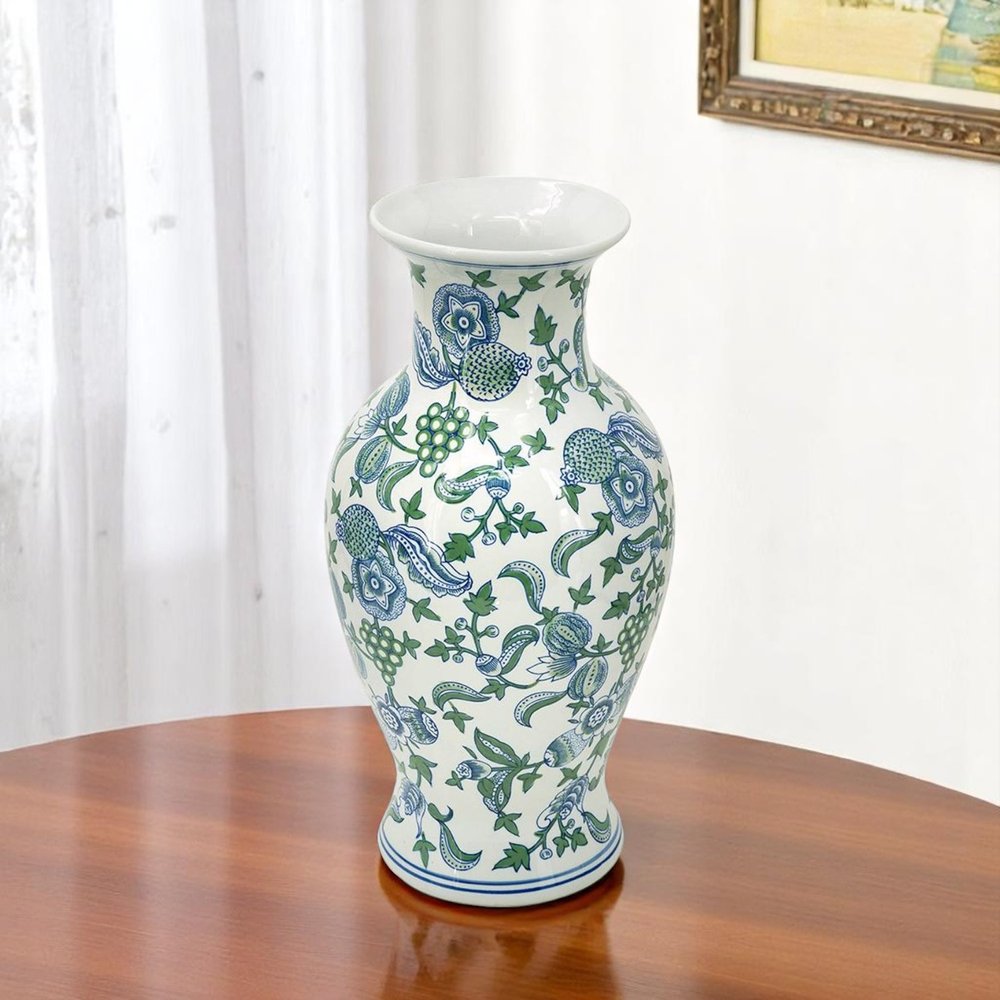 19" White Blue And Green Floral Urn Porcelain Table Vase HomeRoots
