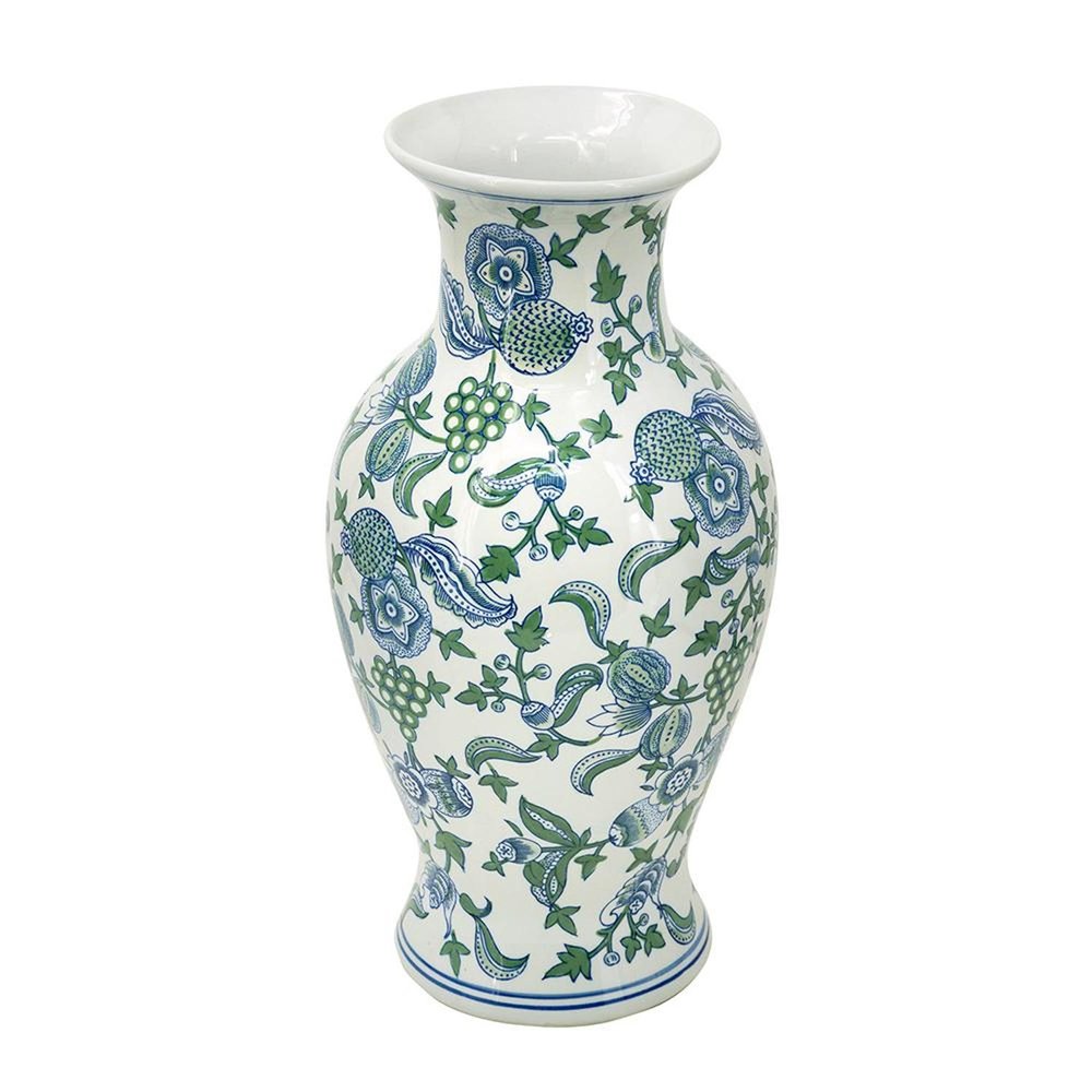 19" White Blue And Green Floral Urn Porcelain Table Vase HomeRoots