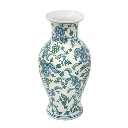 19" White Blue And Green Floral Urn Porcelain Table Vase HomeRoots