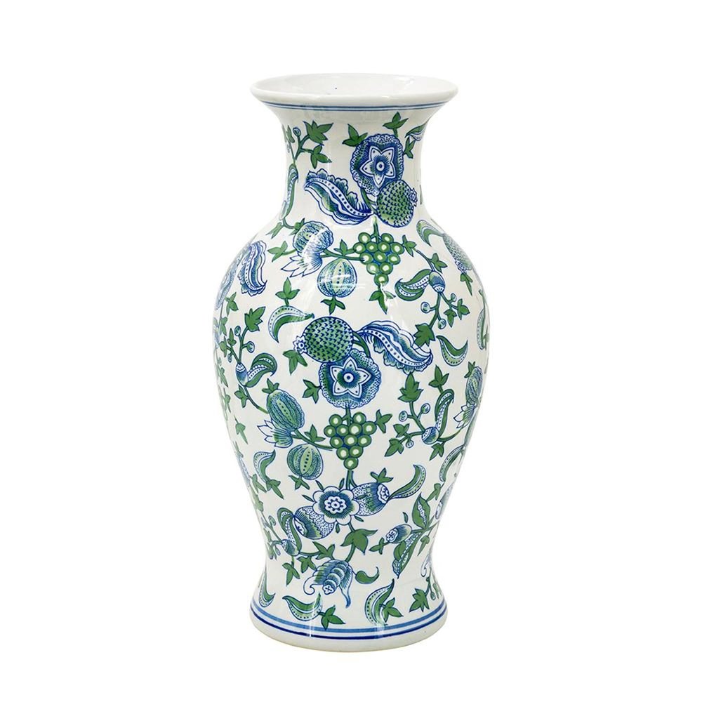 19" White Blue And Green Floral Urn Porcelain Table Vase — view 2