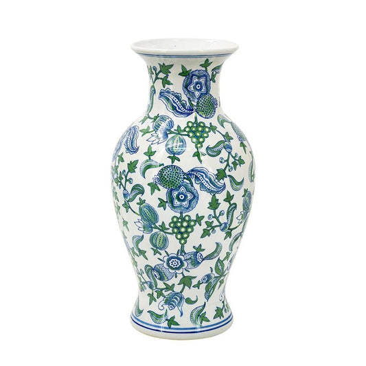 19" White Blue And Green Floral Urn Porcelain Table Vase HomeRoots