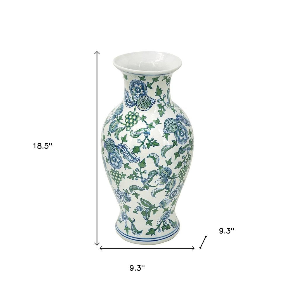19" White Blue And Green Floral Urn Porcelain Table Vase — view 5
