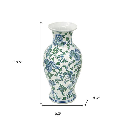 19" White Blue And Green Floral Urn Porcelain Table Vase HomeRoots