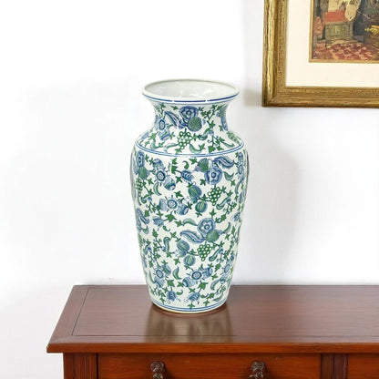 24" White Blue And Green And White Chinoiserie Porcelain Table Vase HomeRoots