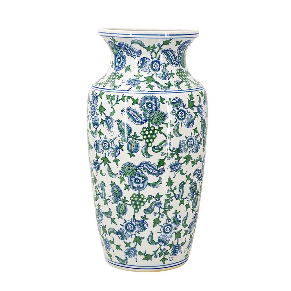 24" White Blue And Green And White Chinoiserie Porcelain Table Vase HomeRoots