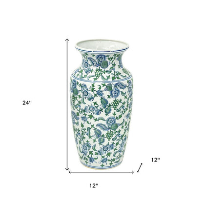 24" White Blue And Green And White Chinoiserie Porcelain Table Vase HomeRoots