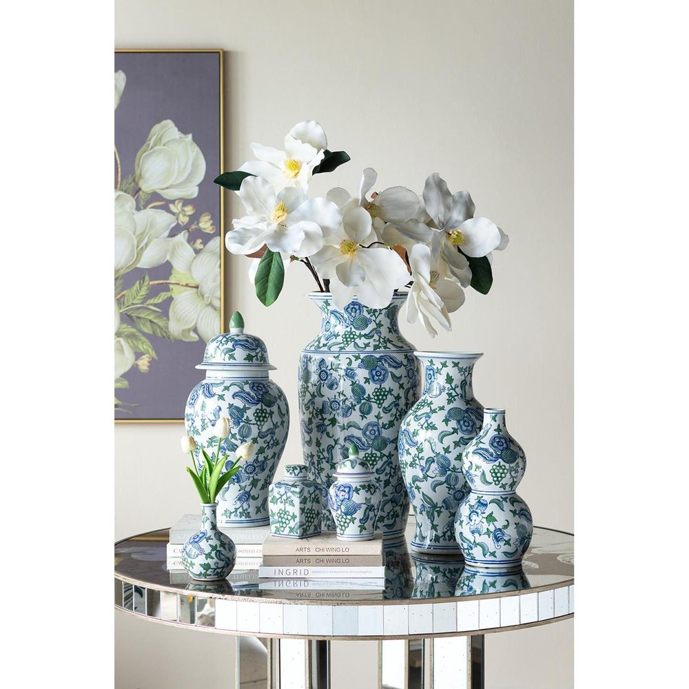 24" White Blue And Green And White Chinoiserie Porcelain Table Vase HomeRoots