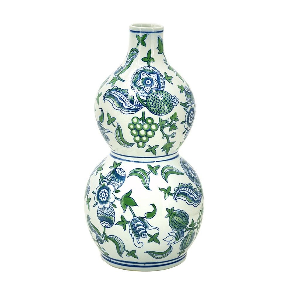 13" White Blue And Green Chinoiserie Porcelain Wavy Gourd Table Vase HomeRoots