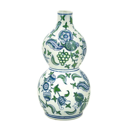 13" White Blue And Green Chinoiserie Porcelain Wavy Gourd Table Vase HomeRoots