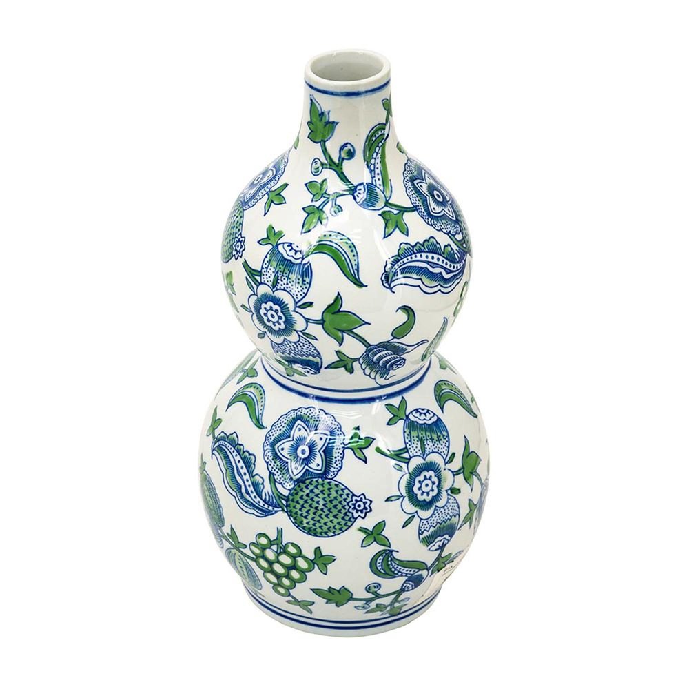 13" White Blue And Green Chinoiserie Porcelain Wavy Gourd Table Vase HomeRoots