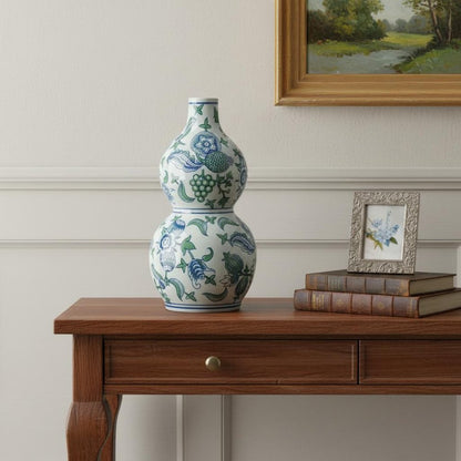 13" White Blue And Green Chinoiserie Porcelain Wavy Gourd Table Vase HomeRoots