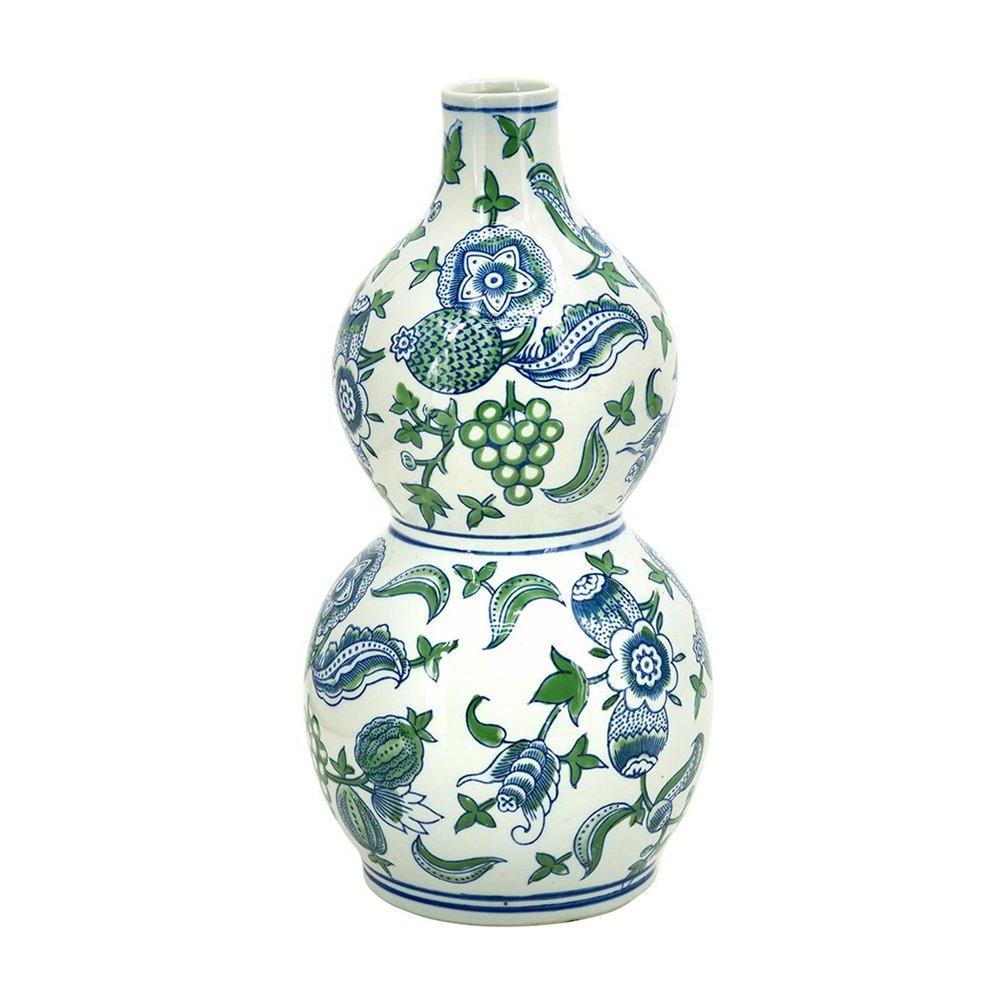 13" White Blue And Green Chinoiserie Porcelain Wavy Gourd Table Vase HomeRoots