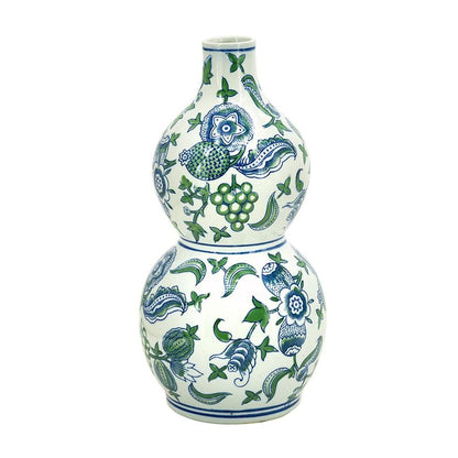 13" White Blue And Green Chinoiserie Porcelain Wavy Gourd Table Vase HomeRoots