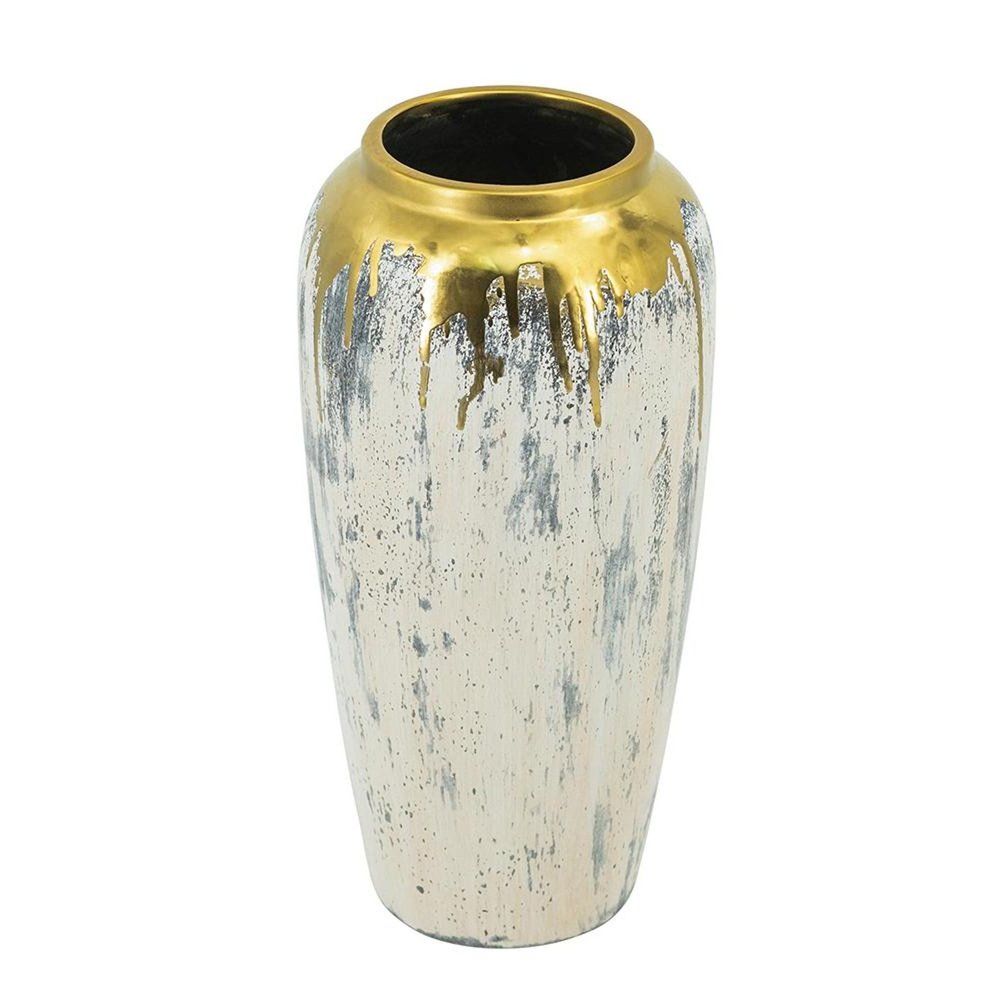 14" Gray Ivory And Gold Modern Abstract Ceramic Table Vase HomeRoots