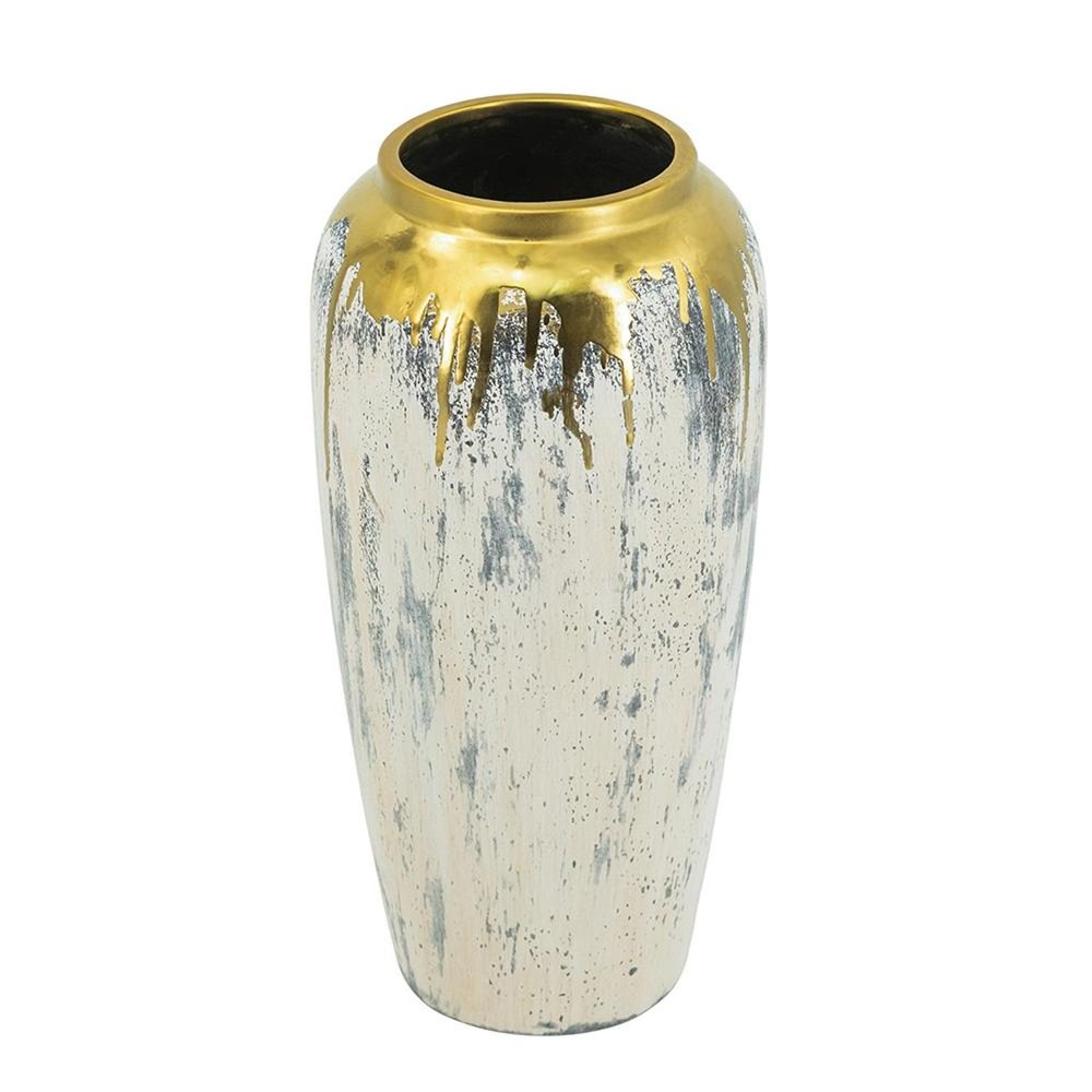 14" Gray Ivory And Gold Modern Abstract Ceramic Table Vase HomeRoots