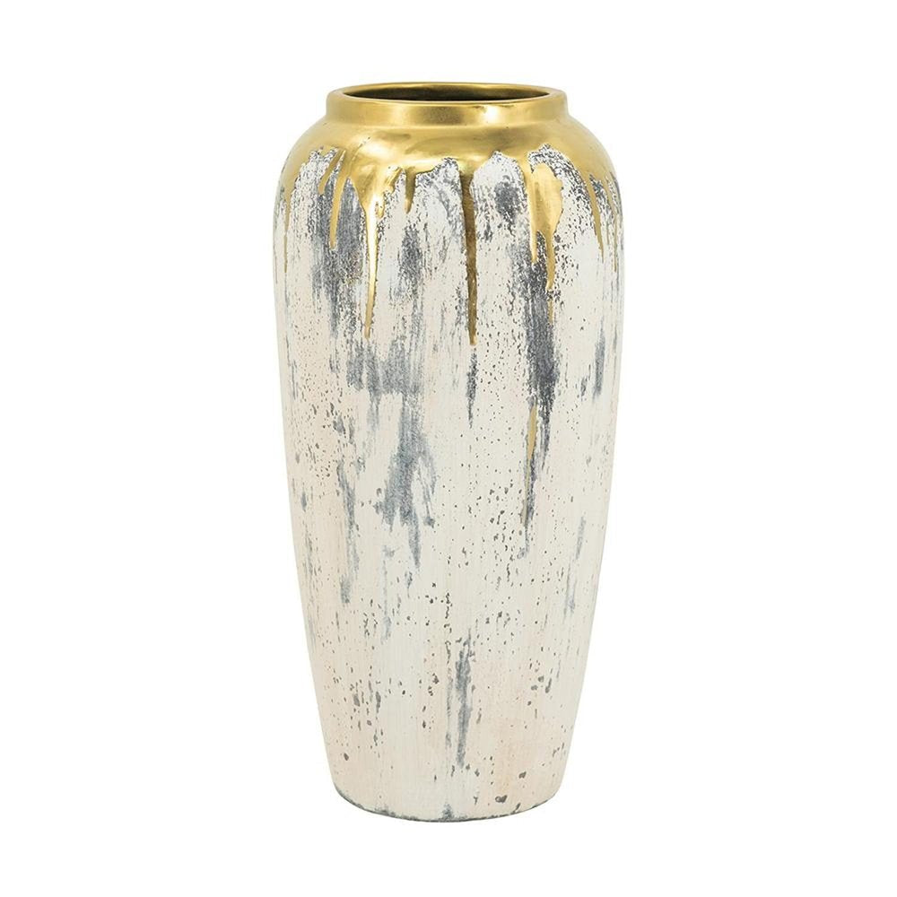 14" Gray Ivory And Gold Modern Abstract Ceramic Table Vase HomeRoots
