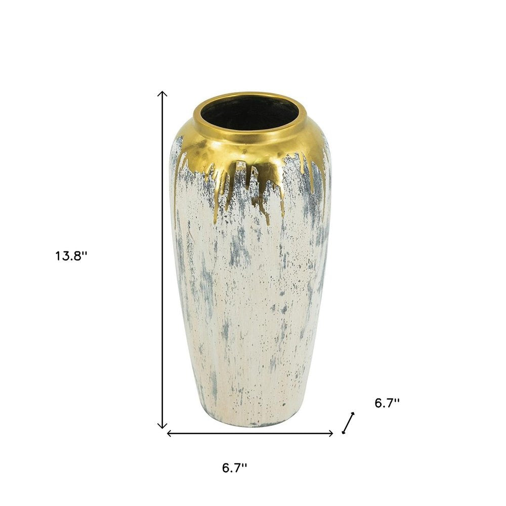 14" Gray Ivory And Gold Modern Abstract Ceramic Table Vase HomeRoots