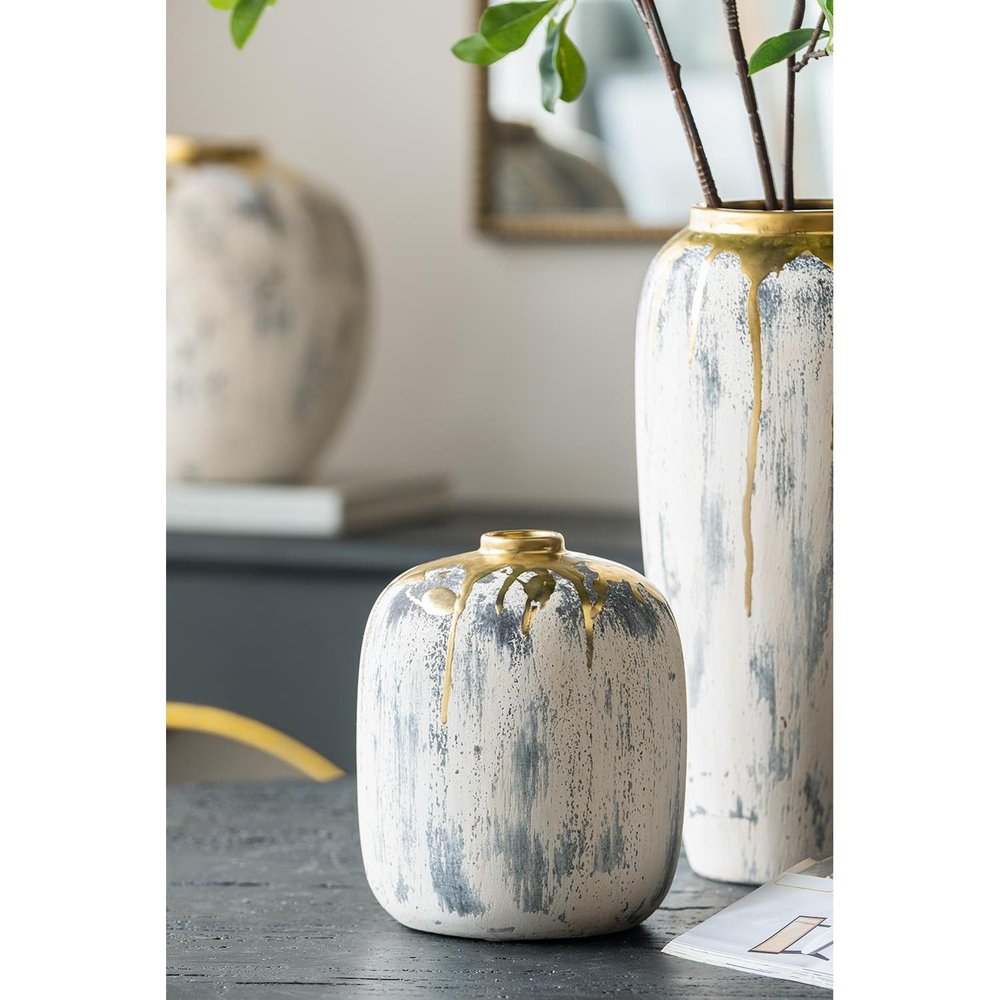 8" Gray Ivory And Gold Modern Abstract Ceramic Table Vase HomeRoots