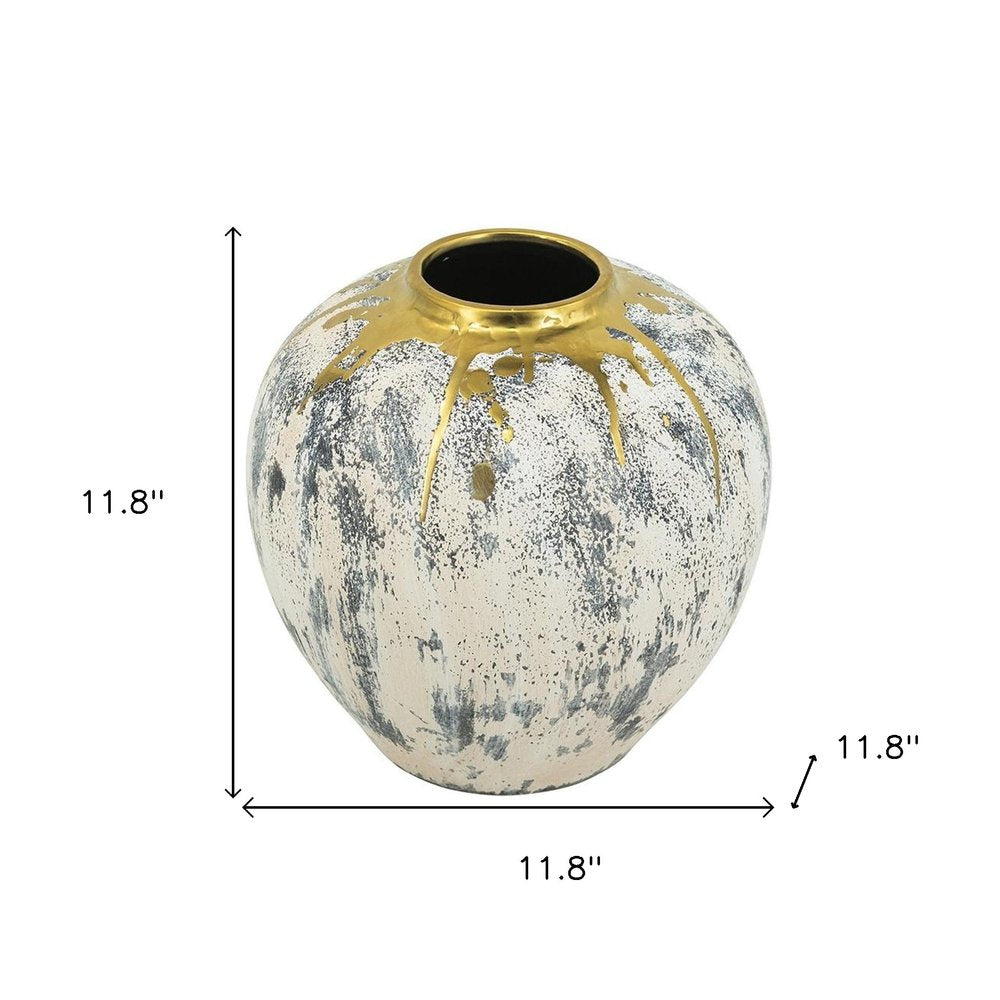 12" Gray Ivory And Gold Modern Abstract Ceramic Table Vase HomeRoots