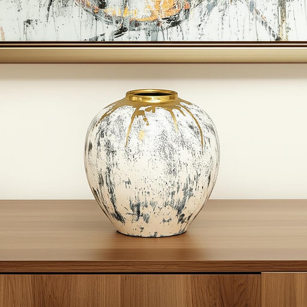 12" Gray Ivory And Gold Modern Abstract Ceramic Table Vase HomeRoots
