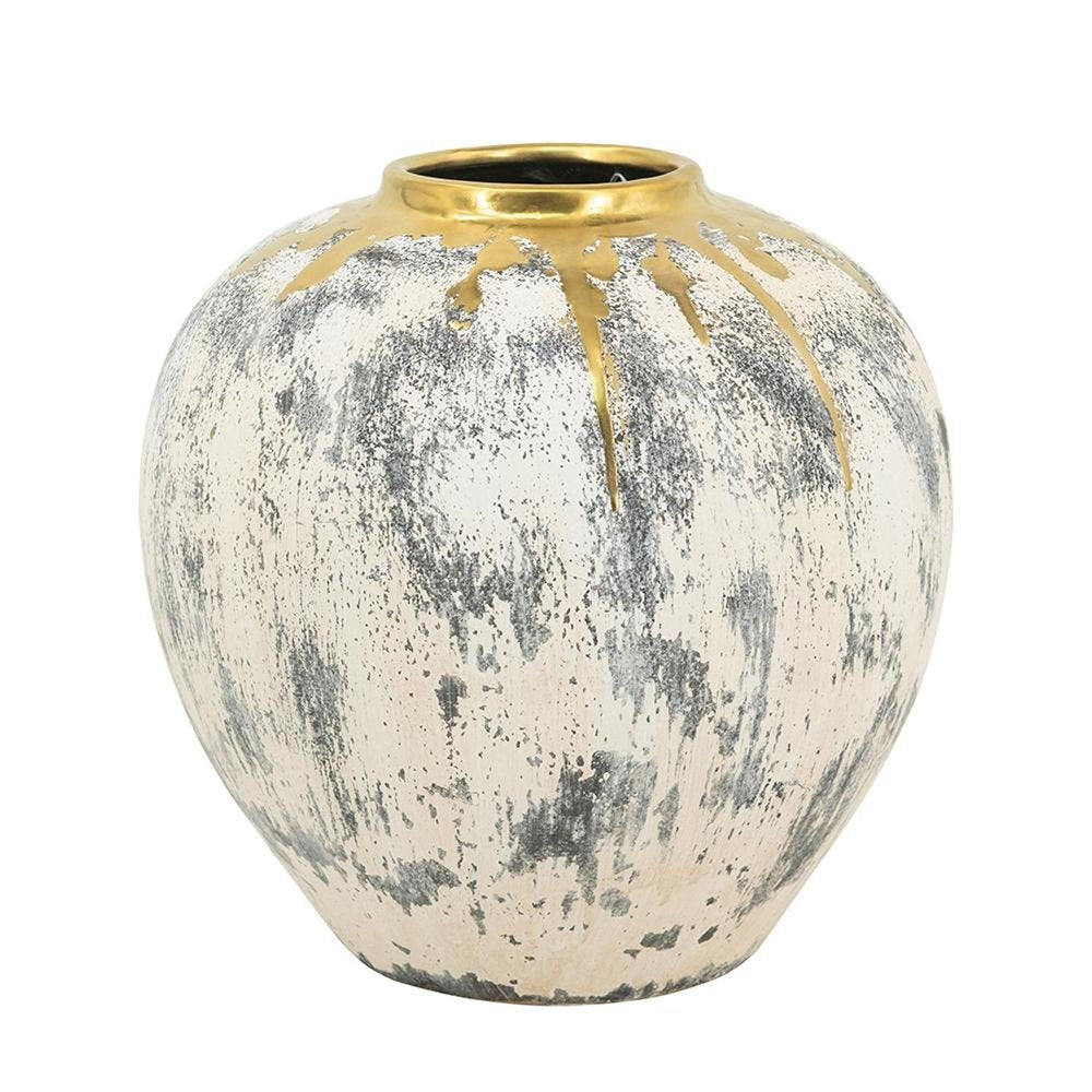 12" Gray Ivory And Gold Modern Abstract Ceramic Table Vase HomeRoots