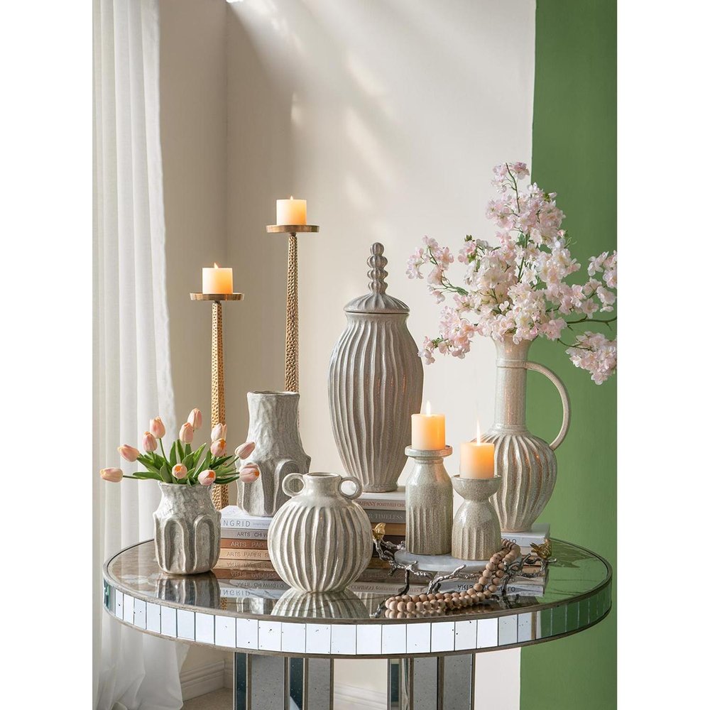 10" Sage And Gray Round With Handles Ceramic Table Vase HomeRoots