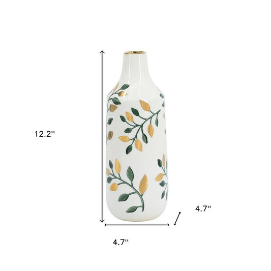 12" White Green And Gold Floral Leaf Bud Ceramic Table Vase HomeRoots