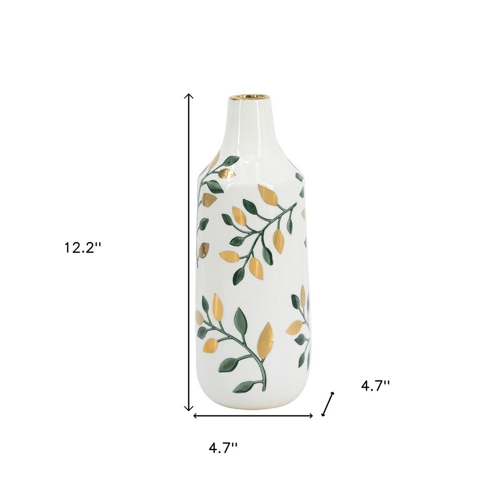 12" White Green And Gold Floral Leaf Bud Ceramic Table Vase HomeRoots