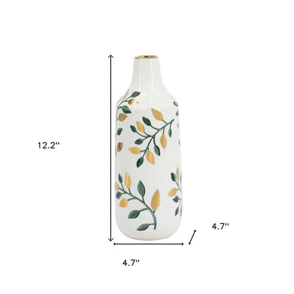 12" White Green And Gold Floral Leaf Bud Ceramic Table Vase HomeRoots