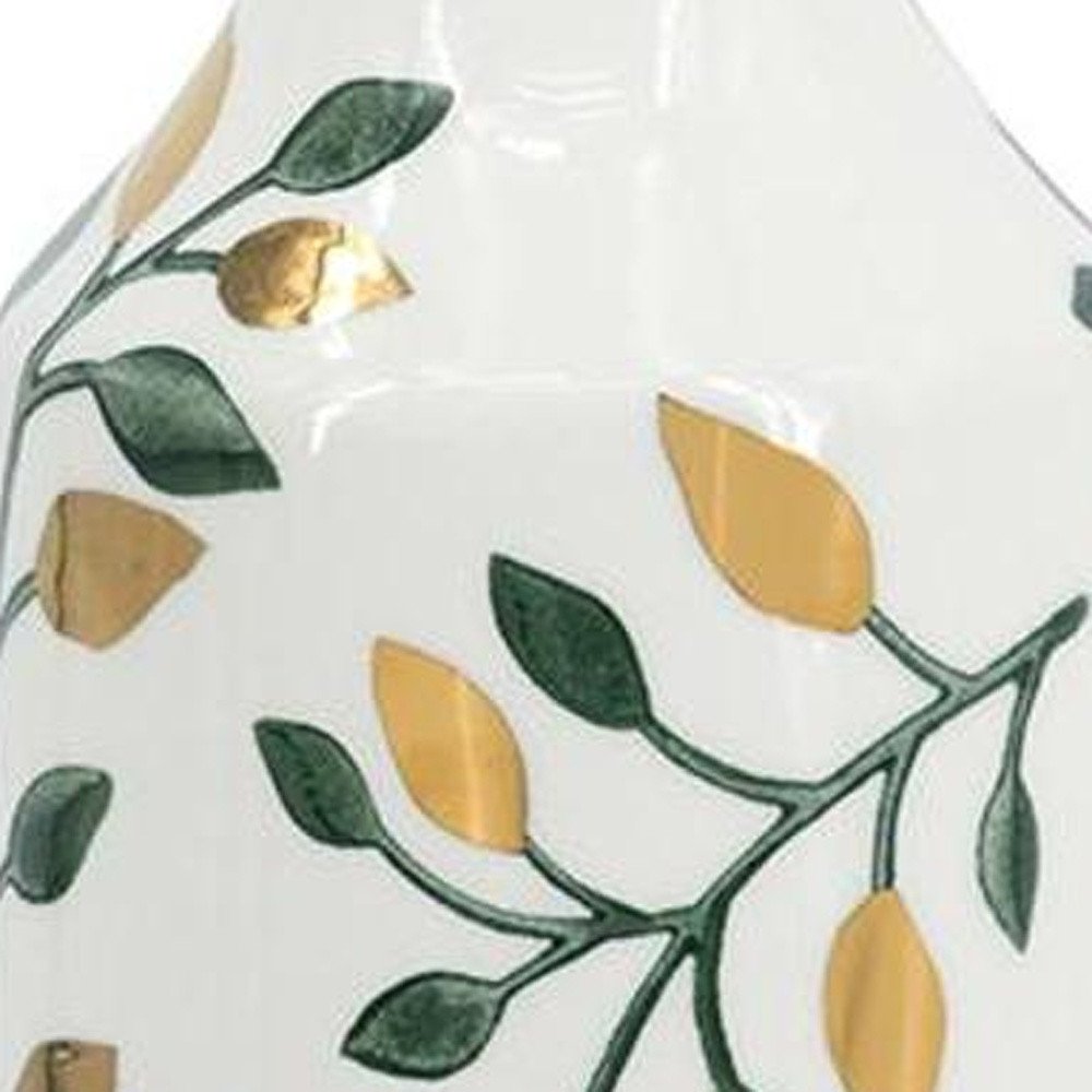 12" White Green And Gold Floral Leaf Bud Ceramic Table Vase HomeRoots