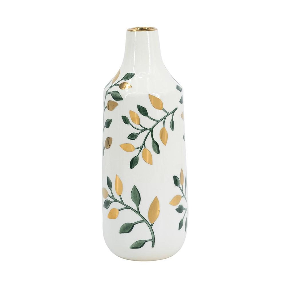 12" White Green And Gold Floral Leaf Bud Ceramic Table Vase HomeRoots