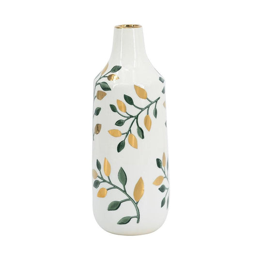 12" White Green And Gold Floral Leaf Bud Ceramic Table Vase HomeRoots