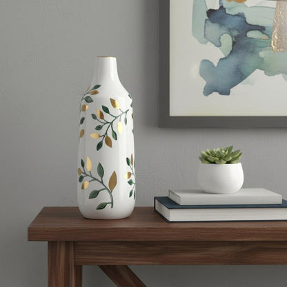12" White Green And Gold Floral Leaf Bud Ceramic Table Vase HomeRoots