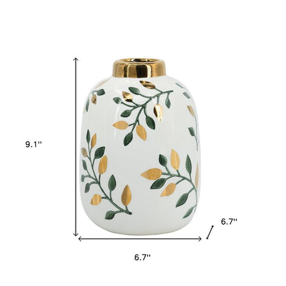9" White Green And Gold Leaf Round Ceramic Table Vase HomeRoots