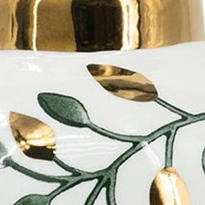 9" White Green And Gold Leaf Round Ceramic Table Vase HomeRoots