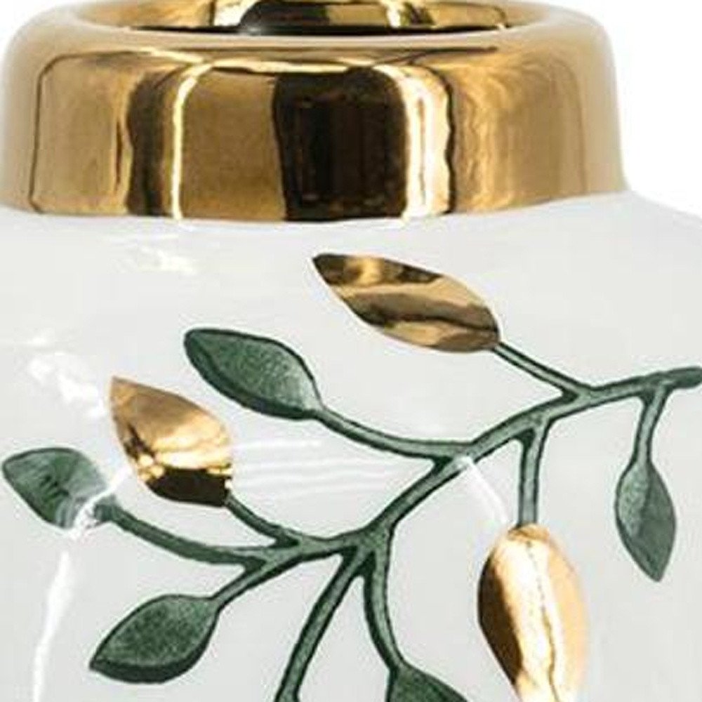 9" White Green And Gold Leaf Round Ceramic Table Vase HomeRoots