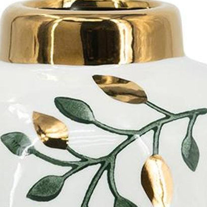 9" White Green And Gold Leaf Round Ceramic Table Vase HomeRoots