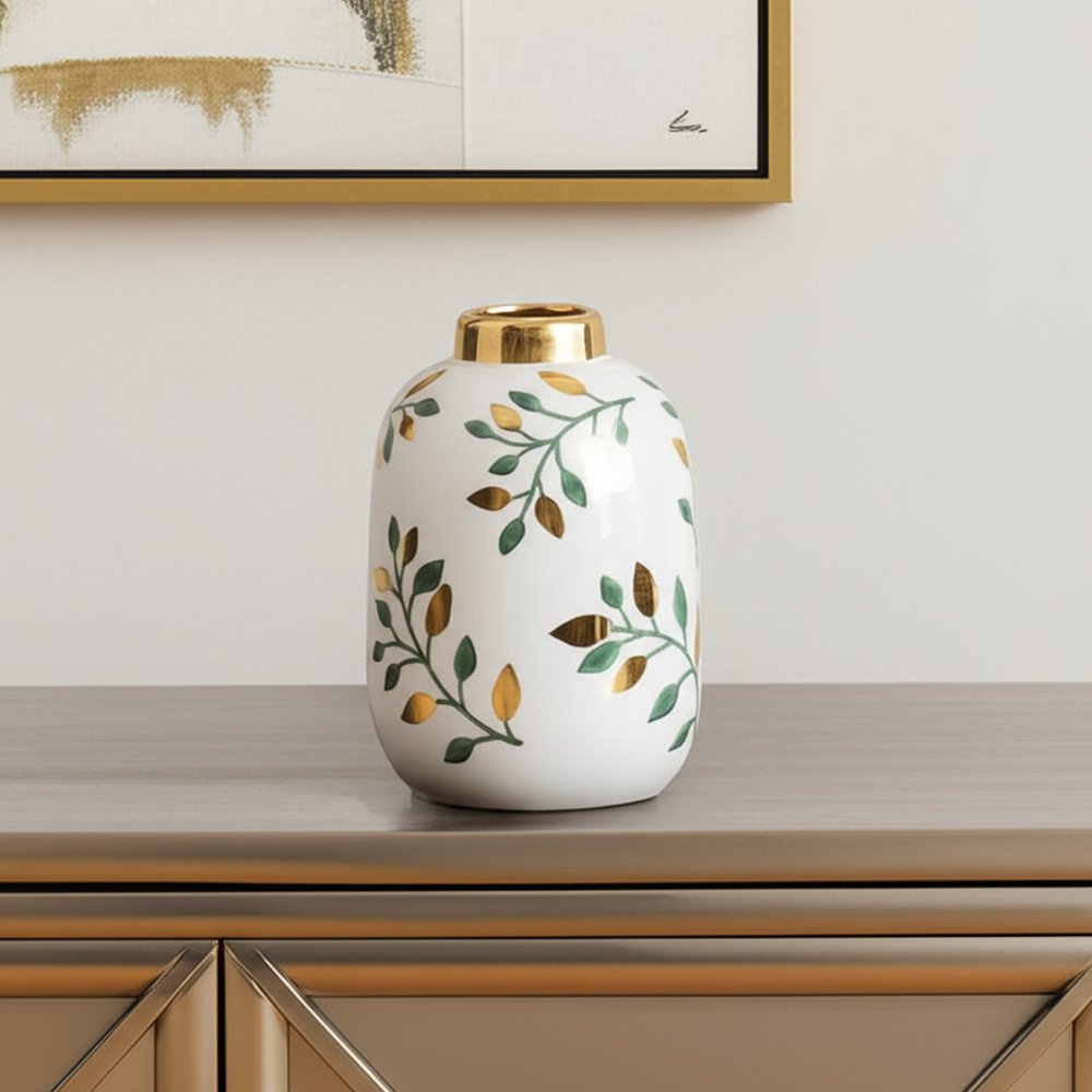 9" White Green And Gold Leaf Round Ceramic Table Vase HomeRoots