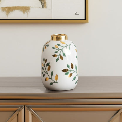 9" White Green And Gold Leaf Round Ceramic Table Vase HomeRoots