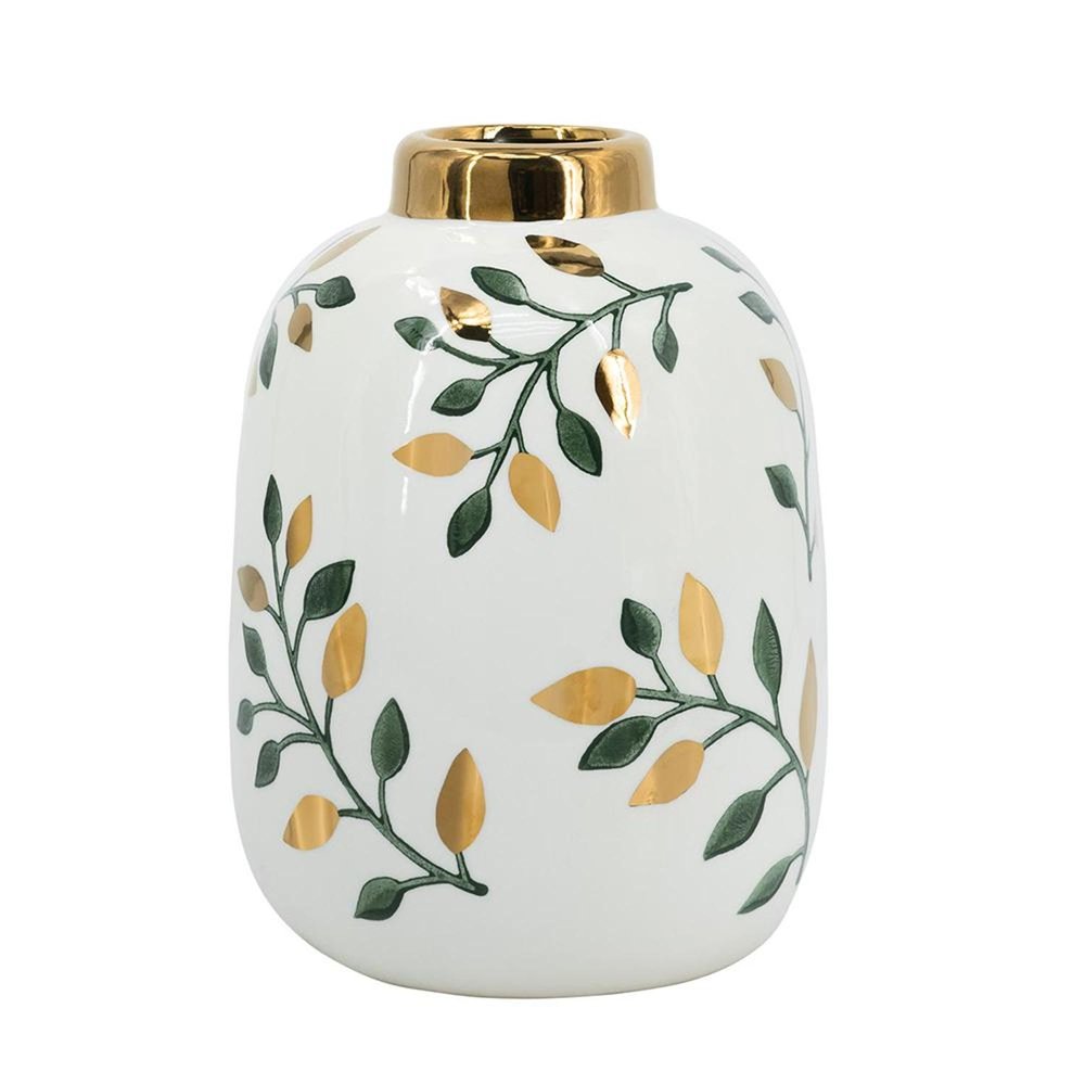 9" White Green And Gold Leaf Round Ceramic Table Vase HomeRoots