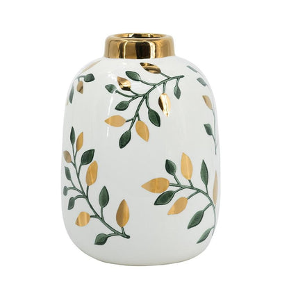9" White Green And Gold Leaf Round Ceramic Table Vase HomeRoots