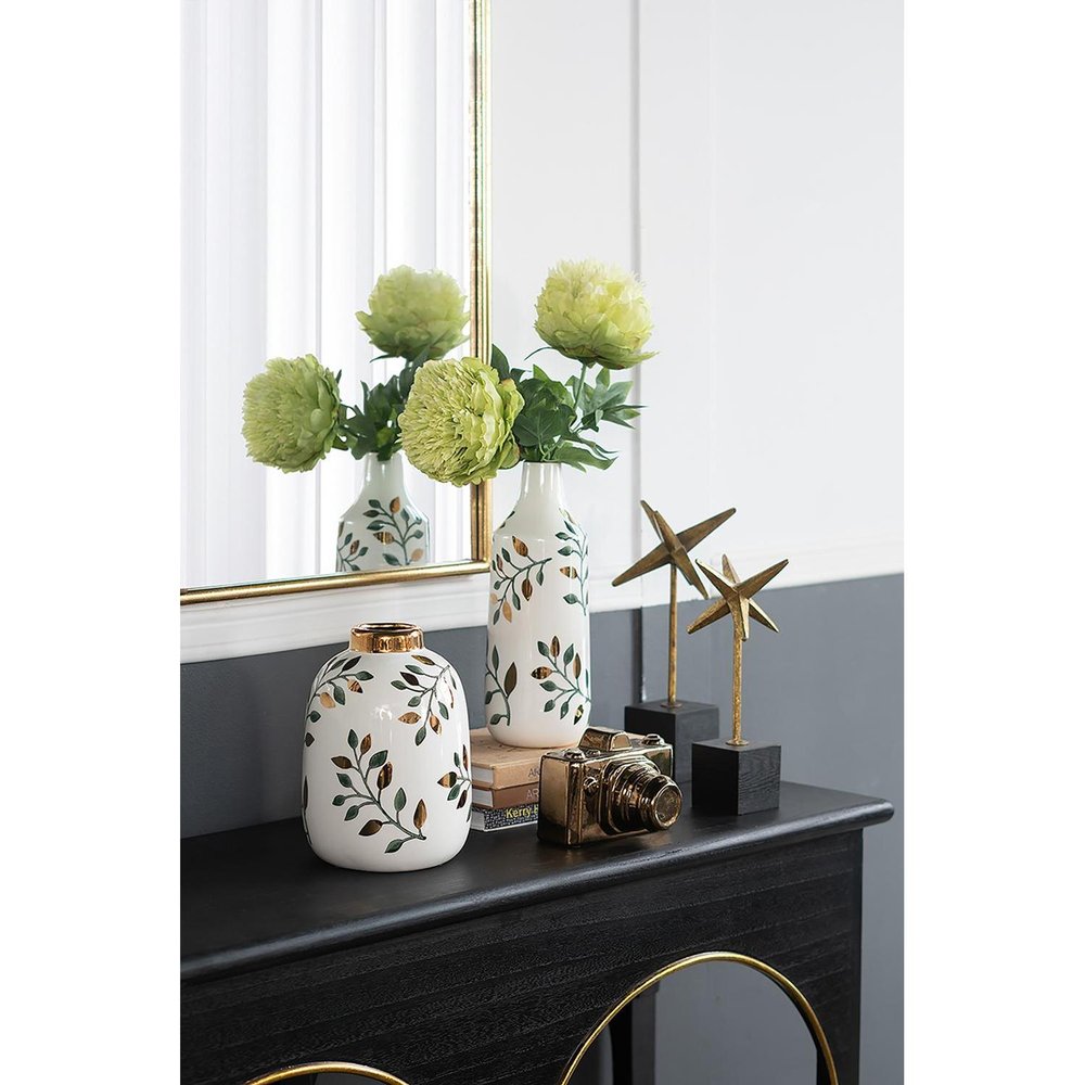 9" White Green And Gold Leaf Round Ceramic Table Vase HomeRoots