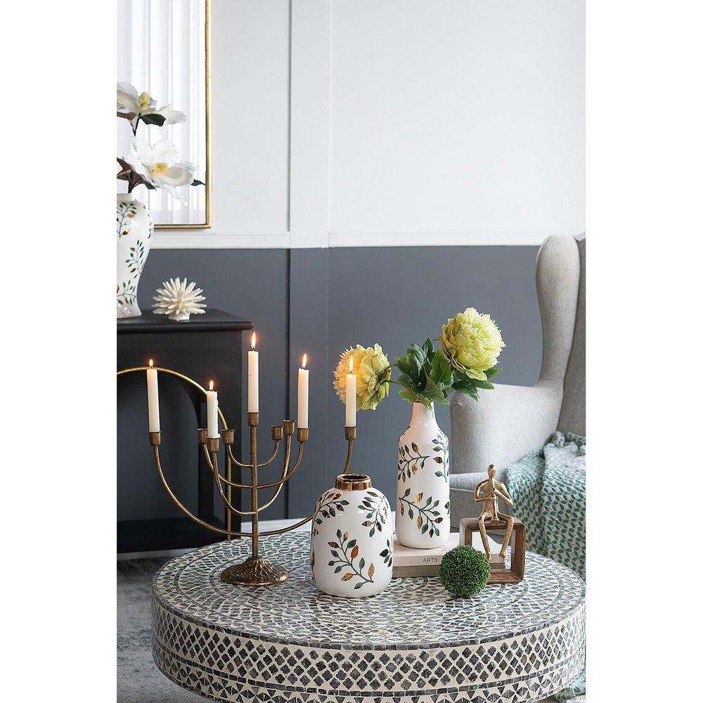 9" White Green And Gold Leaf Round Ceramic Table Vase HomeRoots