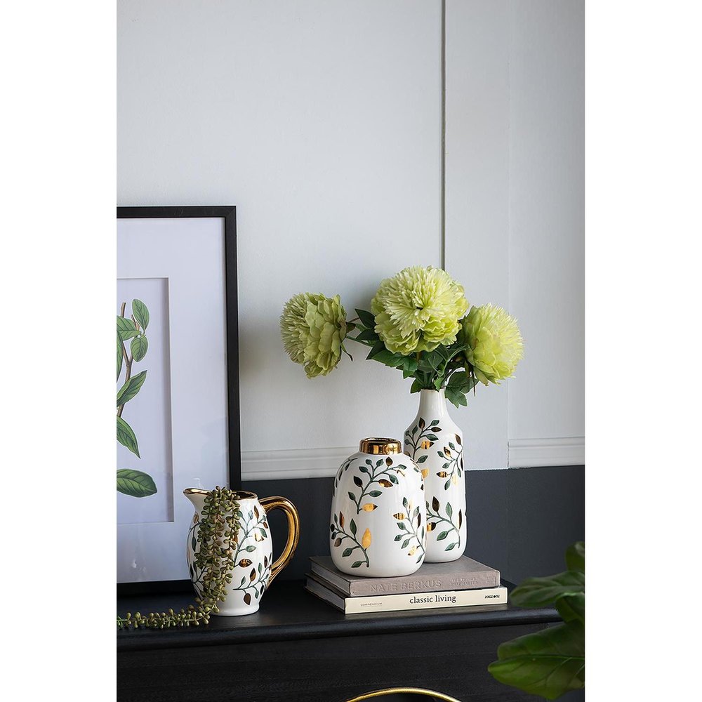 9" White Green And Gold Leaf Round Ceramic Table Vase HomeRoots