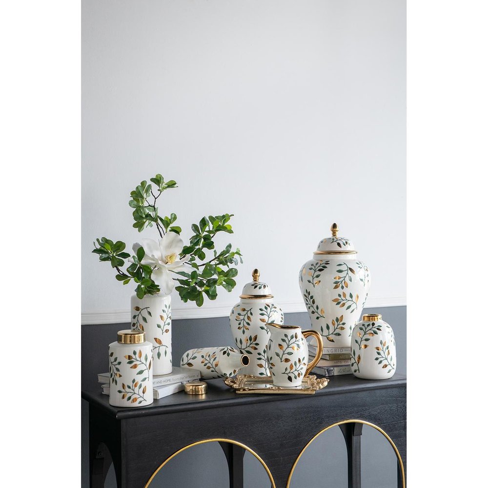 9" White Green And Gold Leaf Round Ceramic Table Vase HomeRoots