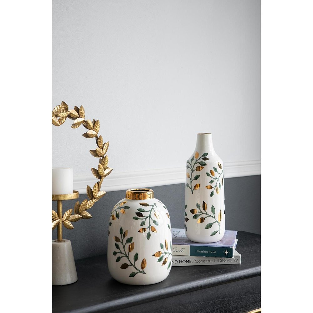 9" White Green And Gold Leaf Round Ceramic Table Vase HomeRoots