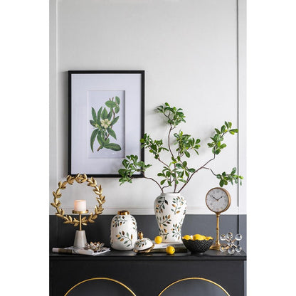 9" White Green And Gold Leaf Round Ceramic Table Vase HomeRoots